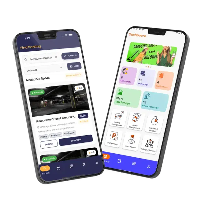 Side-by-side view of Carparkly customer app and partner dashboard on mobile phones