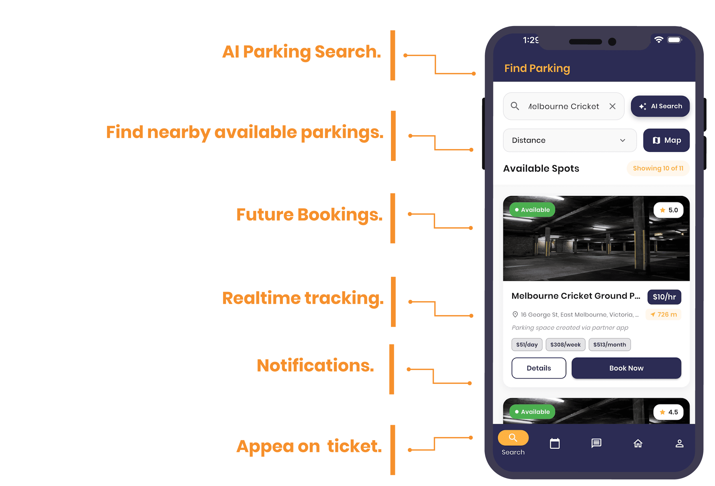 Carparkly customer app showing AI parking search, nearby spots, future bookings, real-time tracking, notifications and ticket appeal features