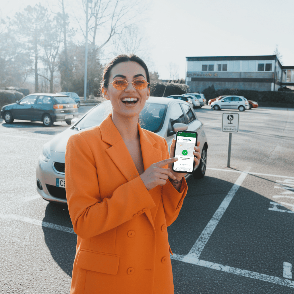 Happy student in an orange jacket pointing to the Carparkly app on her phone in a parking lot