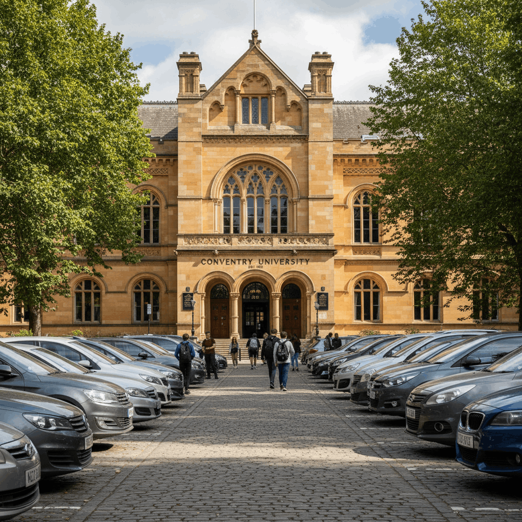 University building with cars parked in the foreground campus lot